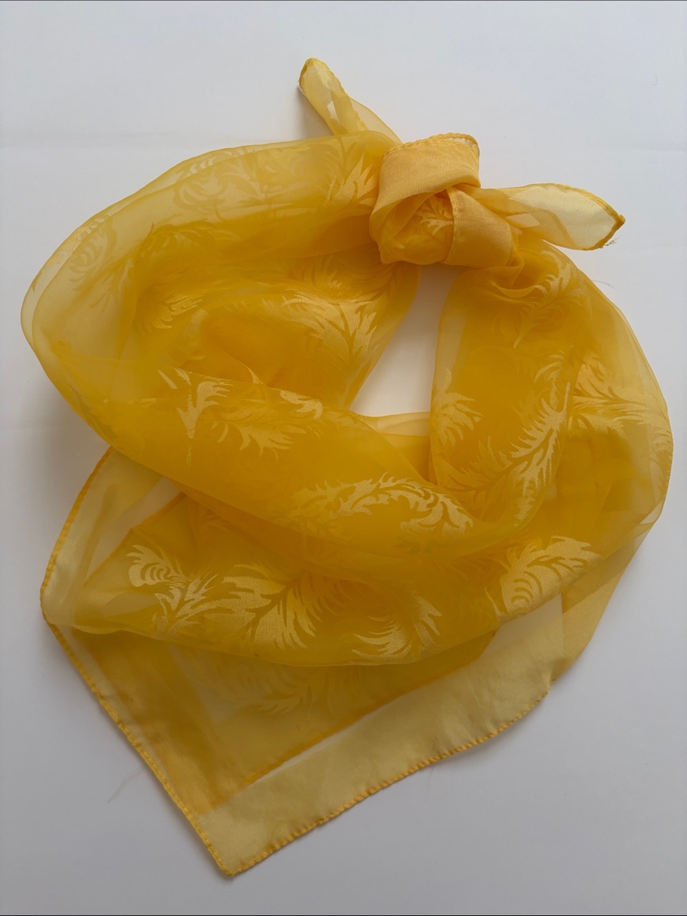 Vintage 1960s Yellow Sheer Jacquard Chiffon Scarf Handkerchief Large Square